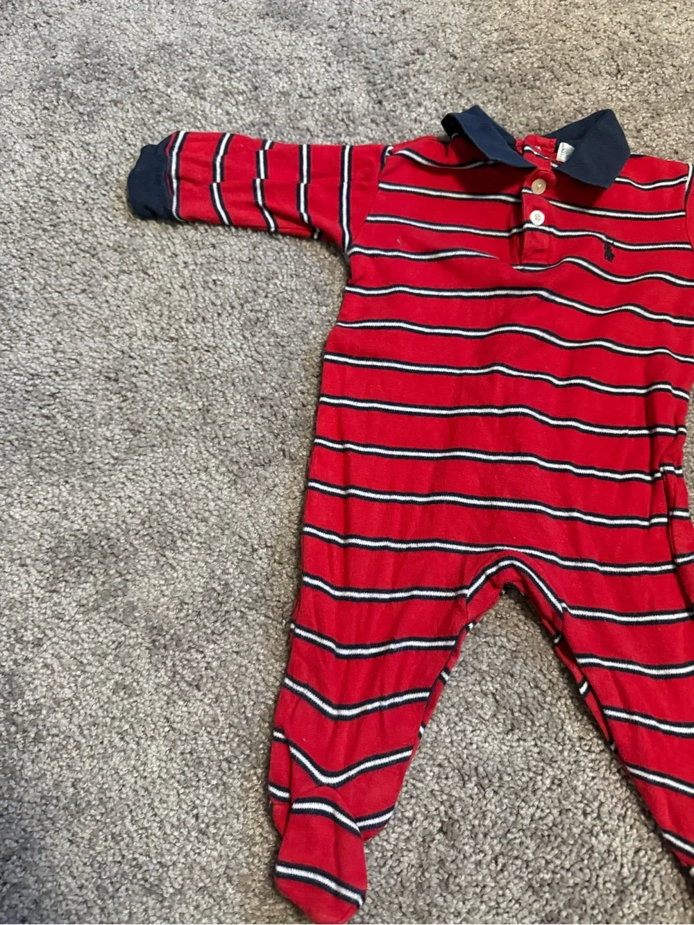 Ralph Lauren red, white, and navy blue horizontal striped cotton baby onesie ⬇️